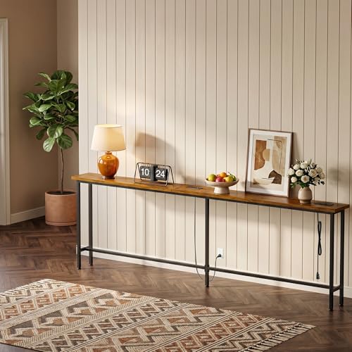 102 Inch Narrow Sofa Table with Power Outlets - Rustic Brown, Extra Long Console Behind Couch