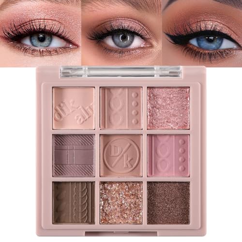Erinde 9 Colors Eyeshadow Palette, Matte Shimmer Glitter Eye Shadow Makeup Palette, Highly Pigmented Long Lasting Waterproof, Natural Neutral Nude Eyeshadow Makeup Pallet, Pink Purple Rose