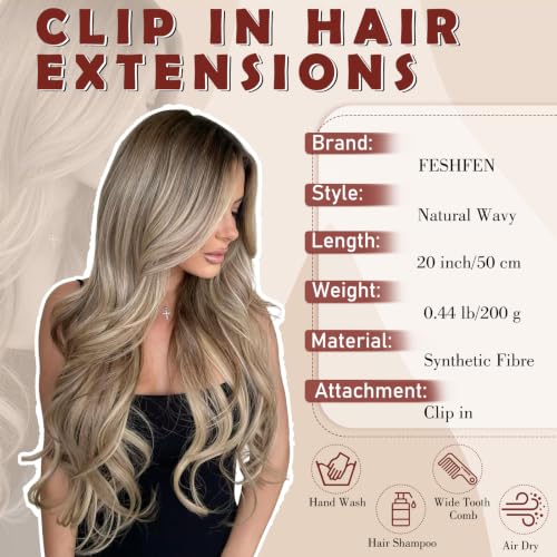 Clip-In Hair Extensions 24 Inch Blonde Highlights - 4 Pcs Thick Wavy Synthetic Blend, Dirty Blonde Variation