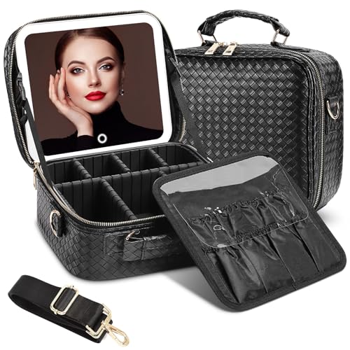 DESCHEN Travel Makeup Bag with Led Mirror, Makeup Organizer Cosmetic Train Case, PU Leather Makeup Case with 3 Light Modes & Dimmable Touch Control, Portable Make Up Box Water-Resistant (Black)