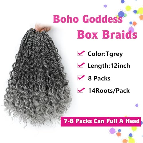 12 Inch Goddess Box Braids Crochet Hair Tgrey Pack of 8 - Pre-Looped Bohemian Box Braid Extensions