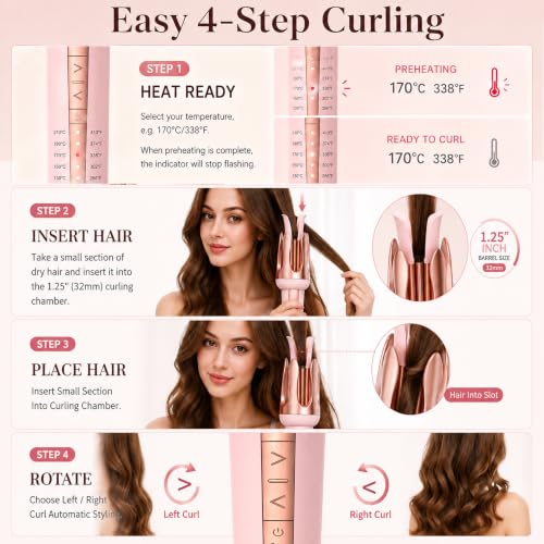 Automatic Hair Curling Iron 1.25 Inch for Beach Waves, 5 Temp Settings, Dual Voltage
