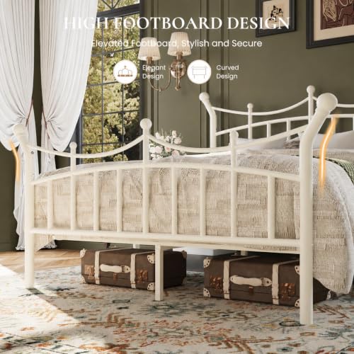 Queen Size Metal Bed Frame with Crown Design - White, Victorian Style, No Box Spring Needed, Sturdy Steel Support, Under-Bed Storage