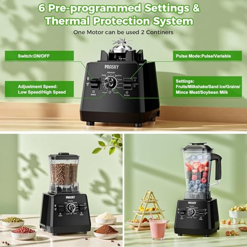 Prasky 1000/2400W Blender for Smoothies & Grinding - 2L Black BPA-Free Kitchen Appliance