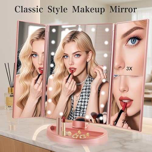 Flymiro Rose Gold Tri-Fold Lighted Makeup Mirror with 3x/2x Magnification, Touch Screen LEDs, 180° Rotation, Portable Vanity for Women & Teens