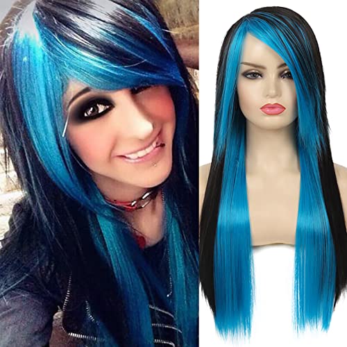 Silky Straight Long Red Black Wig with Side Bangs - Heat Resistant Synthetic Hair for Halloween