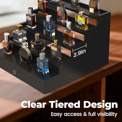 EsLuker.ly Perfume Organizer Cologne Holder Stand for Men, Wooden Cologne Display Shelf for Bedroom Dresser Countertop, 5 Tier Large Capacity Storage Rack with Drawer, Keep Fragrance Neat & Accessible