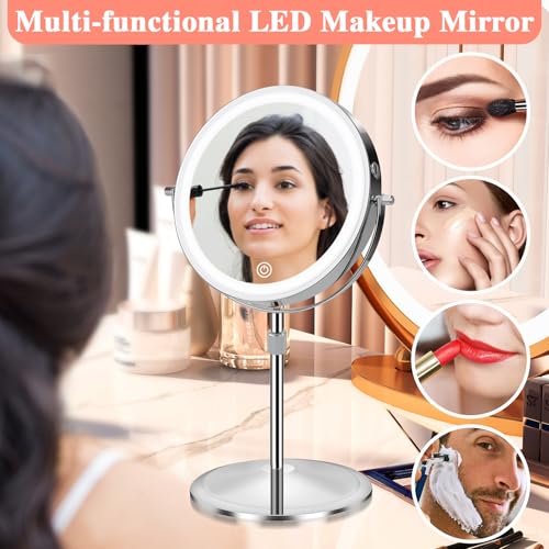 Rechargeable LED Lighted Makeup Mirror with 10X Magnification & Dimmable Lights