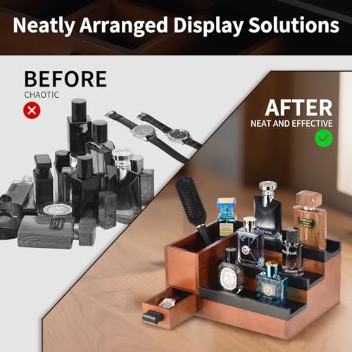 Perfume Stand Organizer for Men with 3 Tiers, Walnut & Black Finish, 1 Drawer