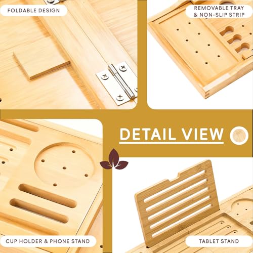 Natural Bamboo Bathtub Tray - Expandable & Foldable Bath Caddy with Spa-Style Holders - A-Natural Variation
