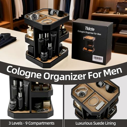 Rotating Cologne Organizer for Men, Metal Fragrance Display Stand with Suede-Lined Trays, 360¡Æ Turntable Cologne Stand for Dresser Desk, Gift-Ready Perfume Organizer