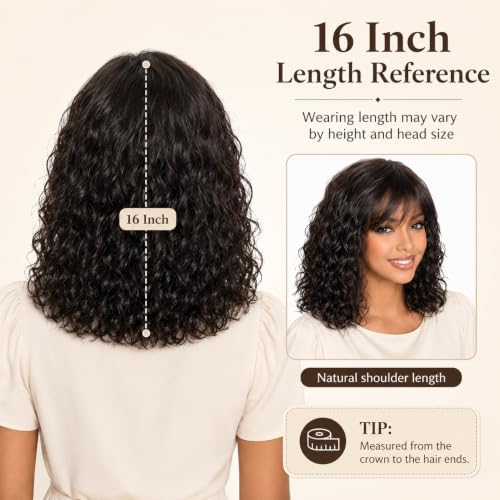 ManeMajesty Wet and Wavy Human Hair Wig with Bangs 16 Inch, 150% Density, Natural Color