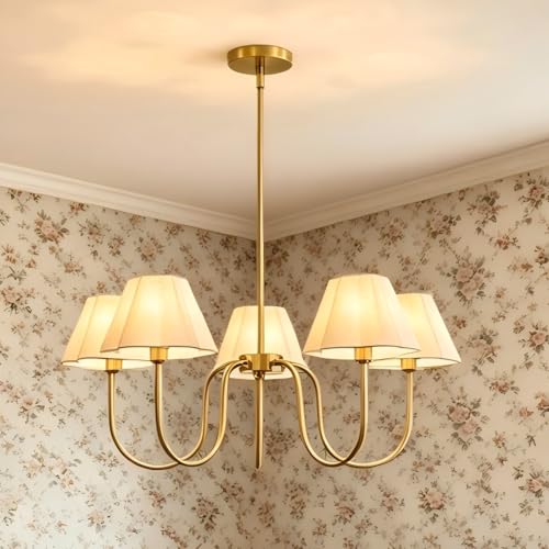 Brushed Gold Modern Farmhouse Chandelier 28" Adjustable Linen Shade Pendant Light