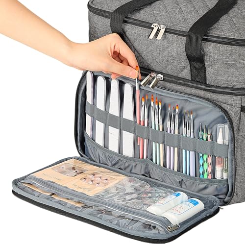 HOMEST Double Layer Nail Polish Organizer Holds 80 Bottles (15ml/0.5 fl. oz) and a Lamp, Case with 2 Removable Pouches for Manicure Tools Storage, Grey(Bag Only)