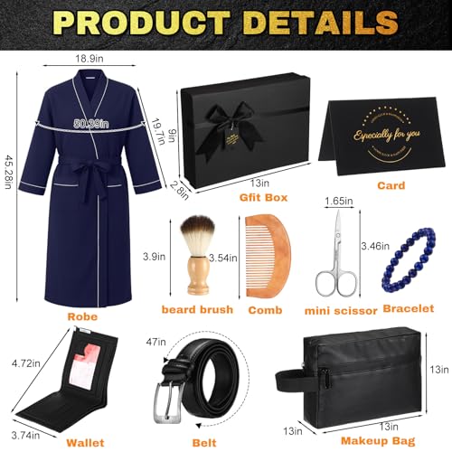 10 Pcs Birthday Gifts Baskets for Men Get Well Soon Gifts Beard Care Set for Him with Bathrobe, Wallet, Makeup Bag, Belt, Bracelet, Beard Comb & Brush Set for Dad Boyfriend Husband(Blue)