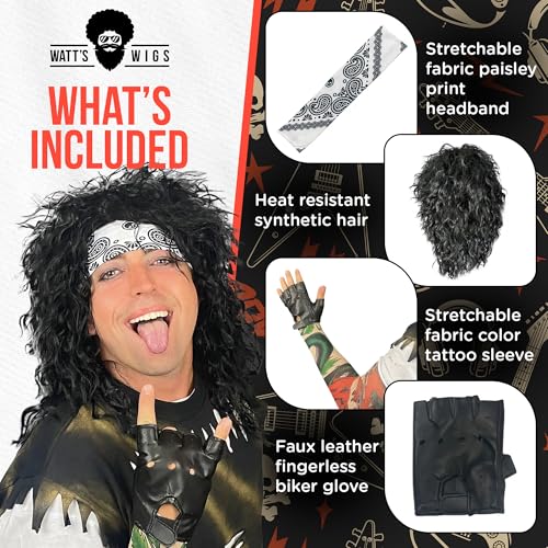 80's Rock Star Costume Men - Black Wig with Headband, Tattoo Sleeve & Glove - 80s Metal Rocker Outfit Variation of THIS listing