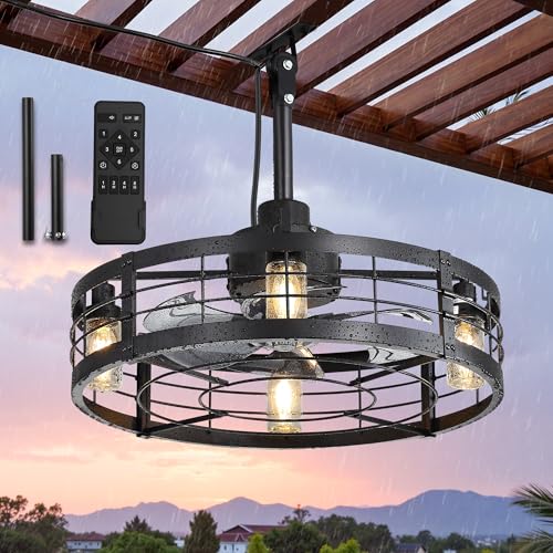 Outdoor Ceiling Fan with Light Black 22-Inch Waterproof IP65 Gazebo Fan