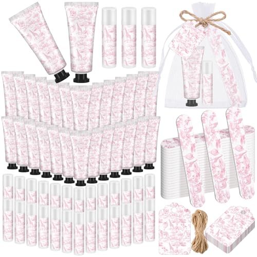 Pink Toile Baby Shower Favor Set - 24 Hand Cream Lip Balm Nail File & Organza Bag
