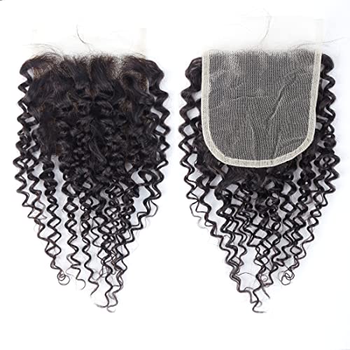 Iwig 8" Short Wavy Kinky Curly Human Hair Bundles with 4x4 Closure - Brazilian Virgin Human Hair Extensions, Natural Color, 6 Bundles + Closure