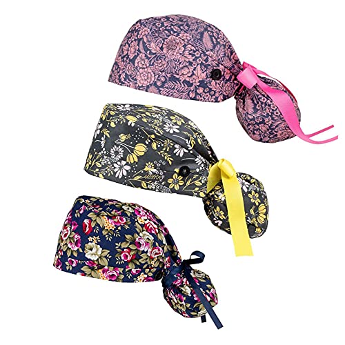 FOHEEL Women's Scrub Cap with Buttons & Ribbon Tie - Multicolor One Size Nurse Hat with Ponytail Pouch