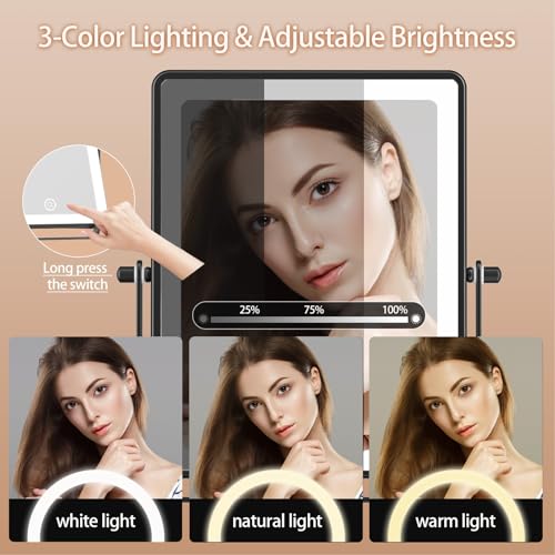 FASCINATE 5000mAh Rechargeable Wall Mounted Makeup Mirror, 8.7" Double Sided Touch Switch 1X 30X Rectangle Wall Mounted Magnifying Mirror with Light, 3 Color Setting, Extended Arm 360¡Æ Foldable Bronze