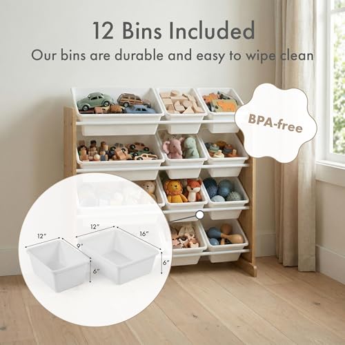 Kids Toy Organizer with 12 Bins - Tall Natural Wood/White Storage Shelf