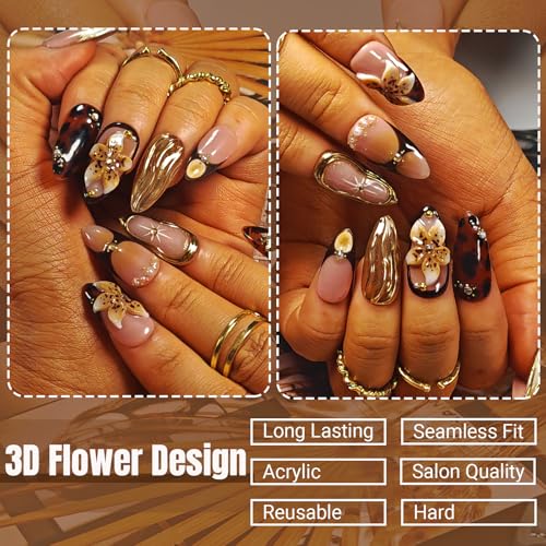 Handmade Acrylic Press On Nails Almond, Brown Press On Nails Medium, Flower 3D Nails French Tip Amber Gold Chrome For Women Gift, Reusable Stick On Fake Nails Kit With Nail Glue(Amber Bloom-S)