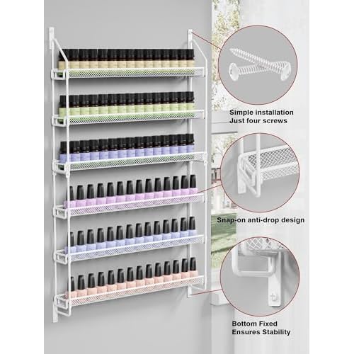 Nail Polish Organizer Wall Mounted, 6 Tier Metal Storage Rack Holds 90 Bottles, Multifunctional Organizer for Essential Oils Paint Perfume, White