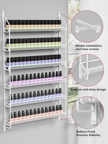White 6-Tier Wall Nail Polish Organizer Rack Holds 90 Bottles, Multi-Use Storage
