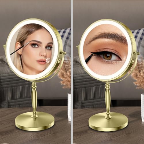 Matekxy 8" Lighted Makeup Mirror with Magnification - 1X/10X Magnifying Desk Mirror with Rechargeable LED Lights, 3 Colors Dimmable Tabletop Mirror, Brass Gold