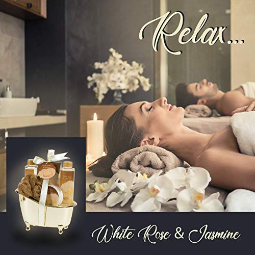 White Rose Jasmine Spa Set For Women in Elegant Gold Tub Includes Shower Gel, Bubble Bath, Body Lotion, Jasmine Bath Salt, Pouf, Award Winning Bath Body Set