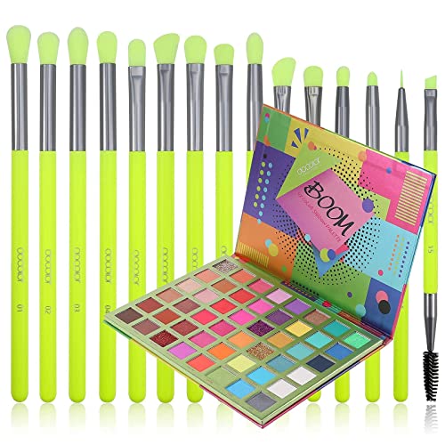 Docolor 15Pcs Eye Makeup Brushes Set + 48 Colors BOOM Eeyshadow Palette Pigmented Matte Shimmer Metallic Blendable Soft Cream Powder Makeup Eye Shadow Palettes