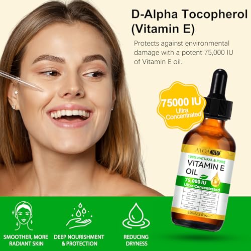 Vitamin E Oil 75,000 IU 2 Pack - 100% Pure Vitamin E Oil for Skin, Face, Hair, Body - Natural Antioxidant for Dryness, Wrinkles, Scars & Stretch Marks, Deep Hydration for Soft, Glowing Skin