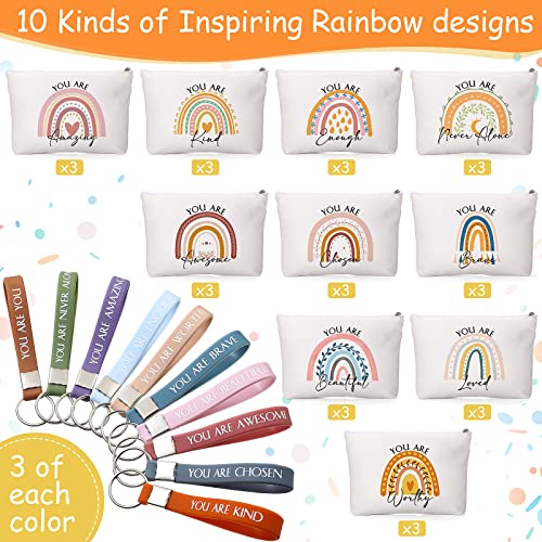 Inspirational Gift Set with 30 Rainbow Cosmetic Bags & Silicone Keychains for Women
