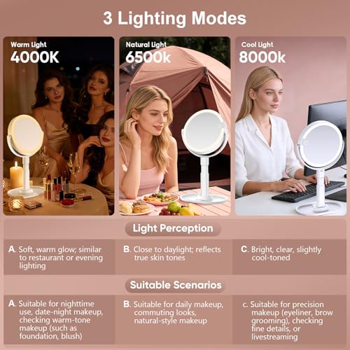 Lighted Makeup Mirror with 10X Magnification, Rechargeable LED Magnifying Vanity Mirror with 3 Lights, Adjustable Height, Storage Base and Phone Holder, Gifts for Women, White, 8 inch