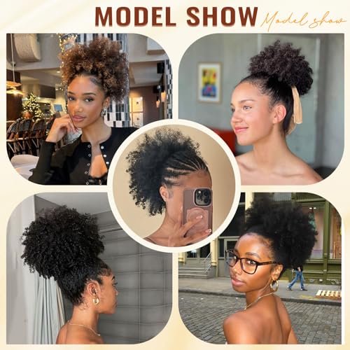 EonLuxe 04/10 Inch Dark Brown Afro Puff Drawstring Ponytail Extension for Black Women, Kinky Curly Synthetic Hair, Fluffy Protective Style
