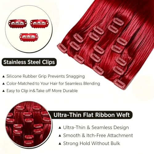 Red Clip-In Hair Extensions 12 Inch 80g Real Human Hair 7Pcs Soft & Natural