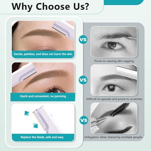 Face Hair Remover, 2 in 1 Rechargeable Painless Electric Eyebrow Trimmer Facial Hair Removal for Women with LED Light, 3 Adjustable Speed, 4 Refill Dermablades