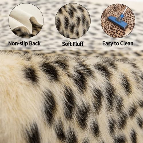 Beige & Black Leopard Print Rug 6.7x5.2ft Faux Animal Carpet Home Decor