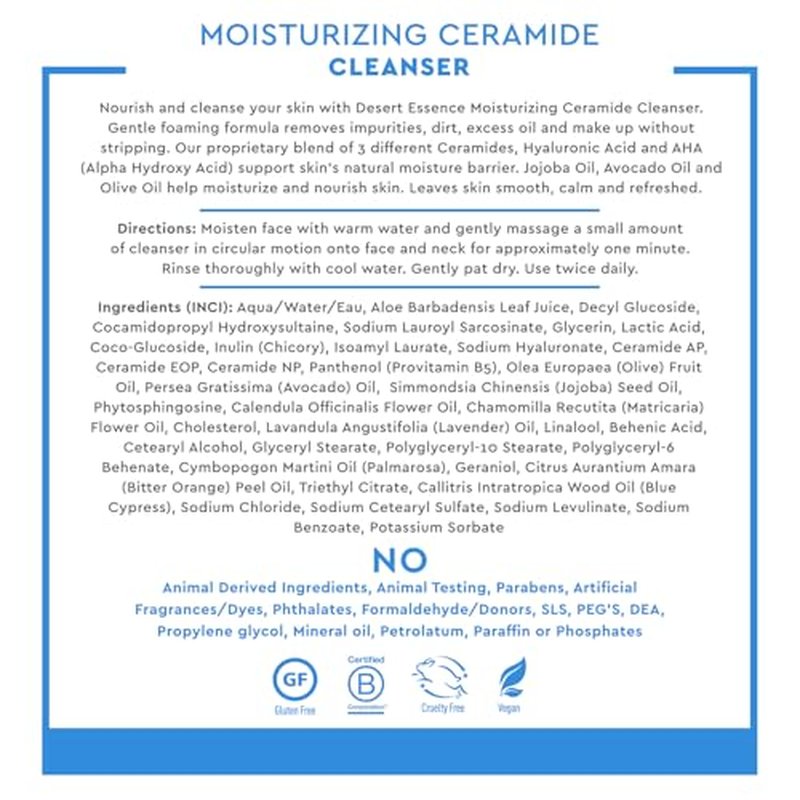Desert Essence Moisturizing Ceramide Facial Cleanser 7.1 fl oz - Vegan, Gluten-Free. Cruelty-Free - Supports Skin's Natural Moisture Barrier - Moisturize and Nourish