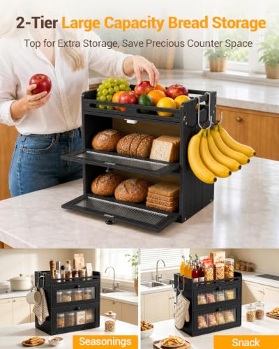 Black 2-Tier Bamboo Bread Box for Kitchen Countertop with Clear Doors