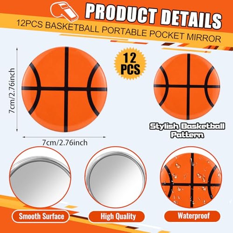 24 Pcs Basketball Gifts for Teen Girls 12 Basketball Makeup Bags with 12 Round Makeup Pocket Mirror, 7 x 4.7 x 2.4'' Cosmetic Bag Sport Gifts for Women Players Fans