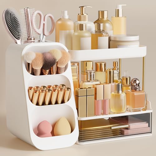 White 3-Tier Bathroom Organizer with Brush Holder for Vanity & Counter - HBlife