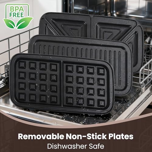 Metine 3-in-1 Waffle Maker with Removable Plates, Standard Indicator, Nonstick, 5-Level Browning