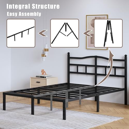 Full Size Metal Bed Frame with Headboard - 14 Inch Heavy Duty Platform Bed, Noise-Free, Easy Assembly