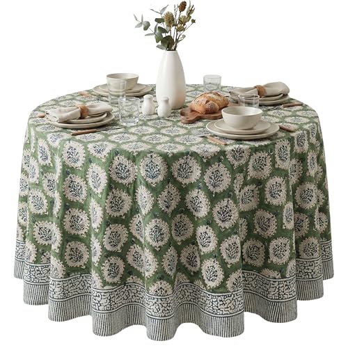 Kari Green Cotton Round Tablecloth 90 Inches - Handprinted French Provencal Decor
