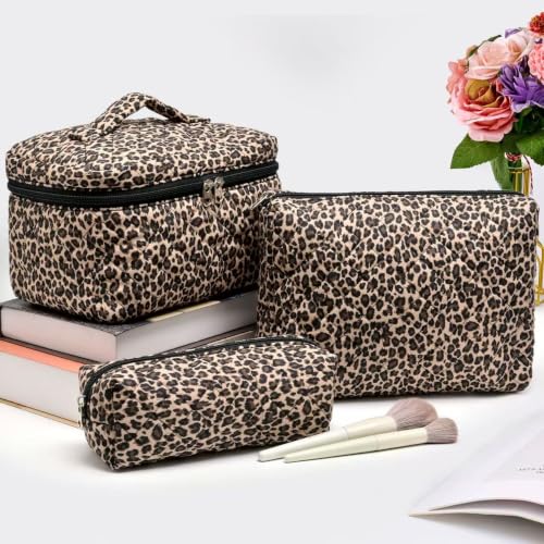 Leopard Print Quilted Makeup Bag Set - 3 Sizes Cosmetic & Toiletry Storage