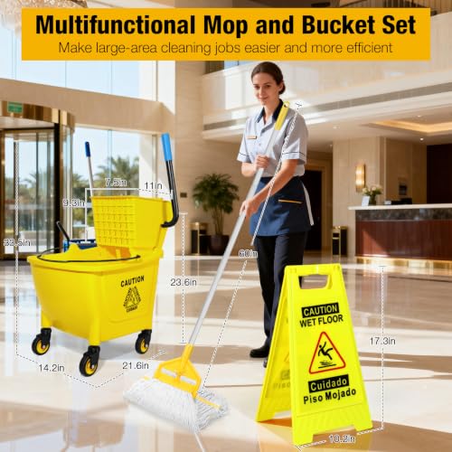 35 Qt Commercial Mop Bucket with Side Press Wringer - Yellow, Wheels