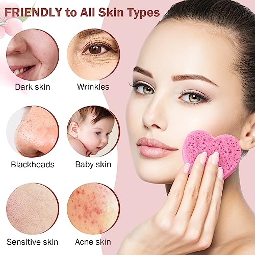 Dandat Pink 300 Count Compressed Heart-Shaped Facial Sponges for Cleansing & Exfoliating