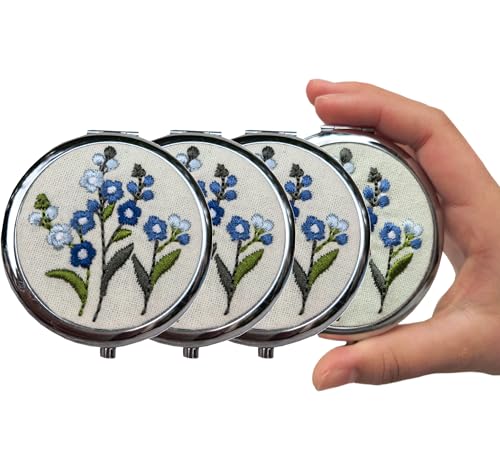 Leimandy Blue ForgetMeNot 4-Pack Embroidered Compact Mirrors – Double-Sided 1x/2x Magnification, Foldable Pocket Makeup Mirrors